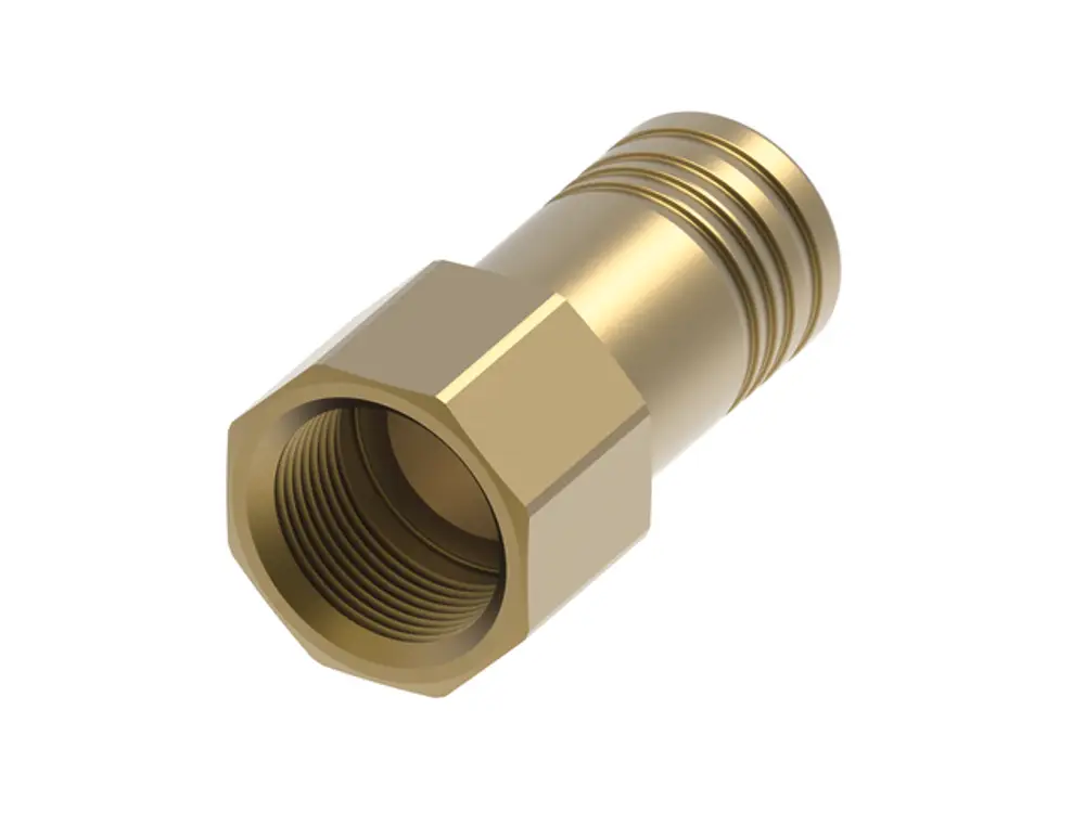 TECE-Adapter mit Innengewinde in Goldfarbe für Rohrverbindungen, erkennbar durch hexagonale Form und spezifische Gewindestruktur.